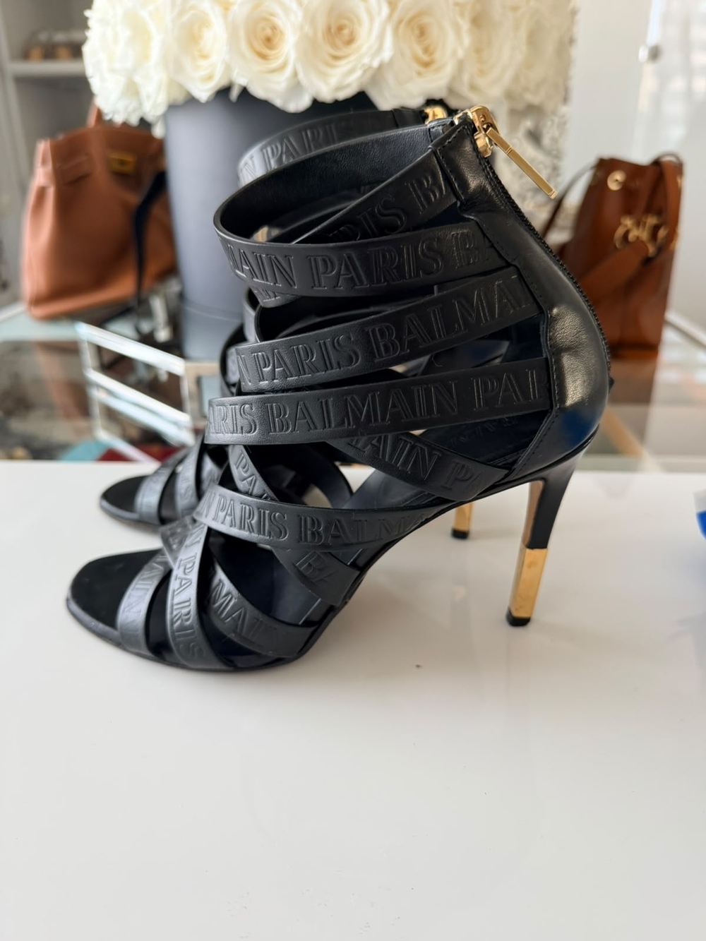 Balmain Black Strappy Logo Stiletto Sandals with Gold Heel Accent